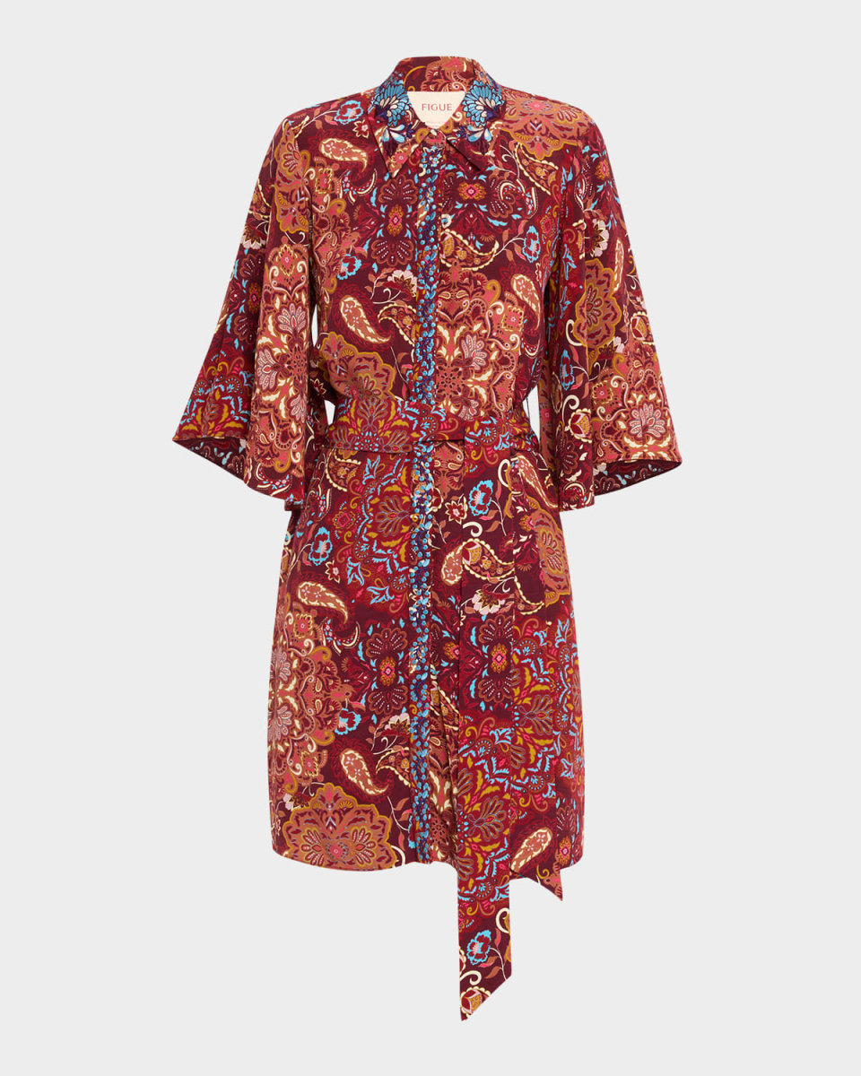 Pamela Medallion-Print 3/4-Sleeve Mini Shirtdress